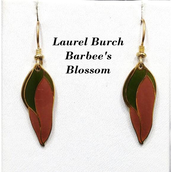 Laurel Burch "Barbee's Blossom" Earrings, Green & Dusty Pink, Gold Plated, 1980s - Picture 10 of 10